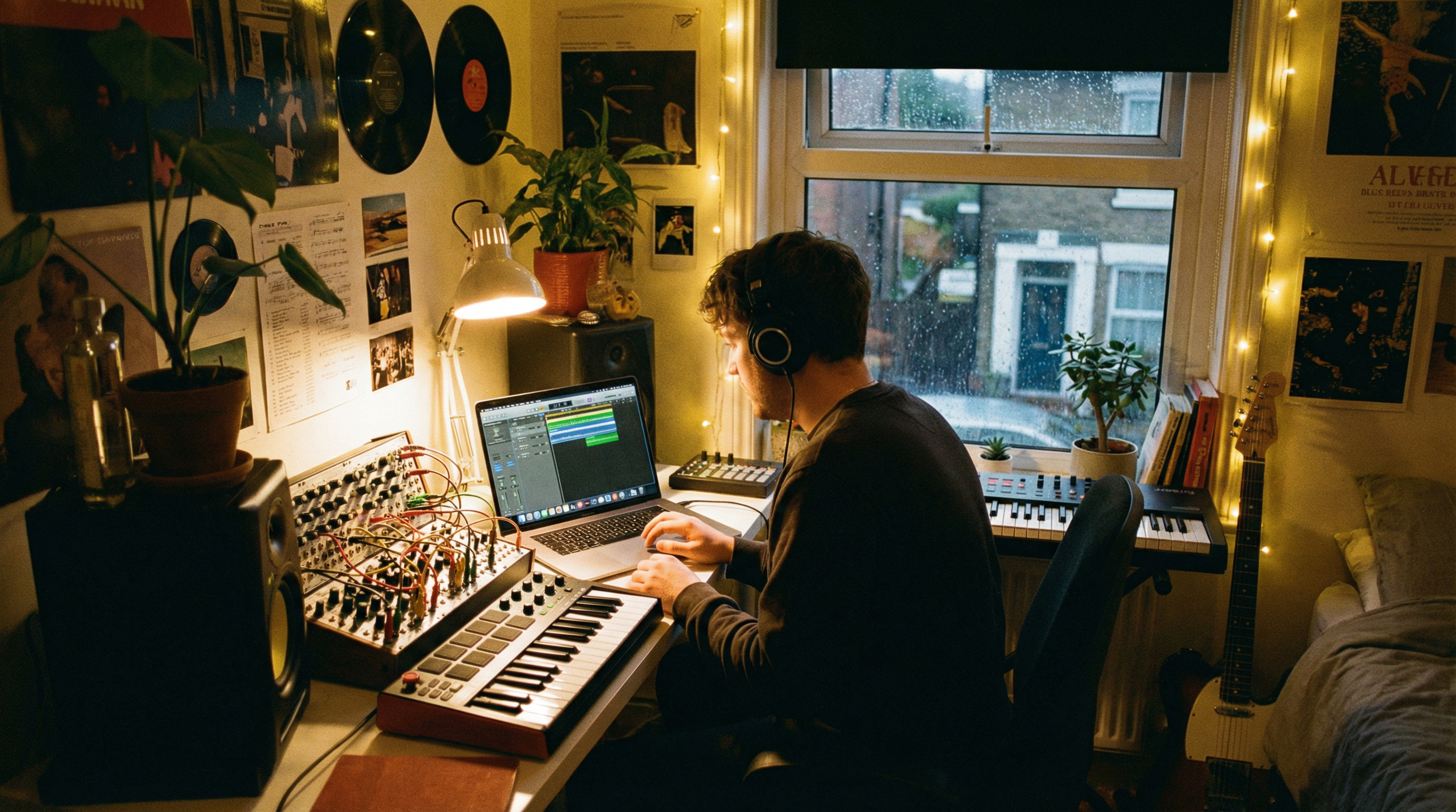 Producer working on a laptop and synths in a small UK bedroom studio